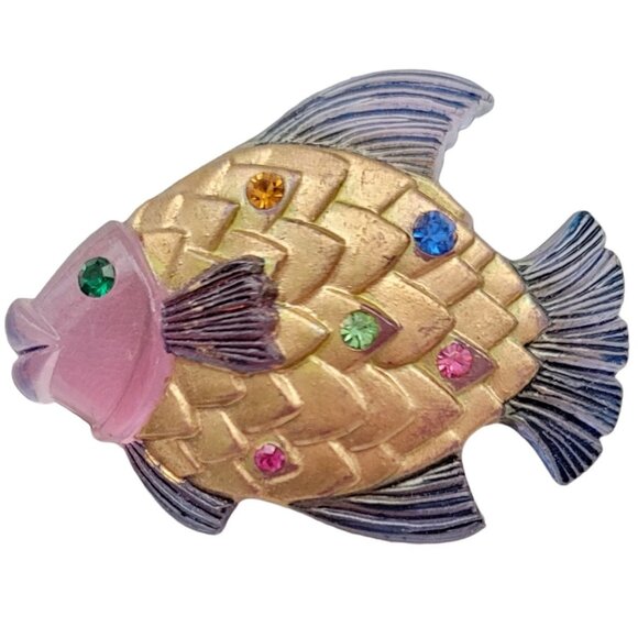 Art Pink Book Piece Lucite Plastic Multi-Color Rhinestone Fish Brooch - Picture 2 of 6